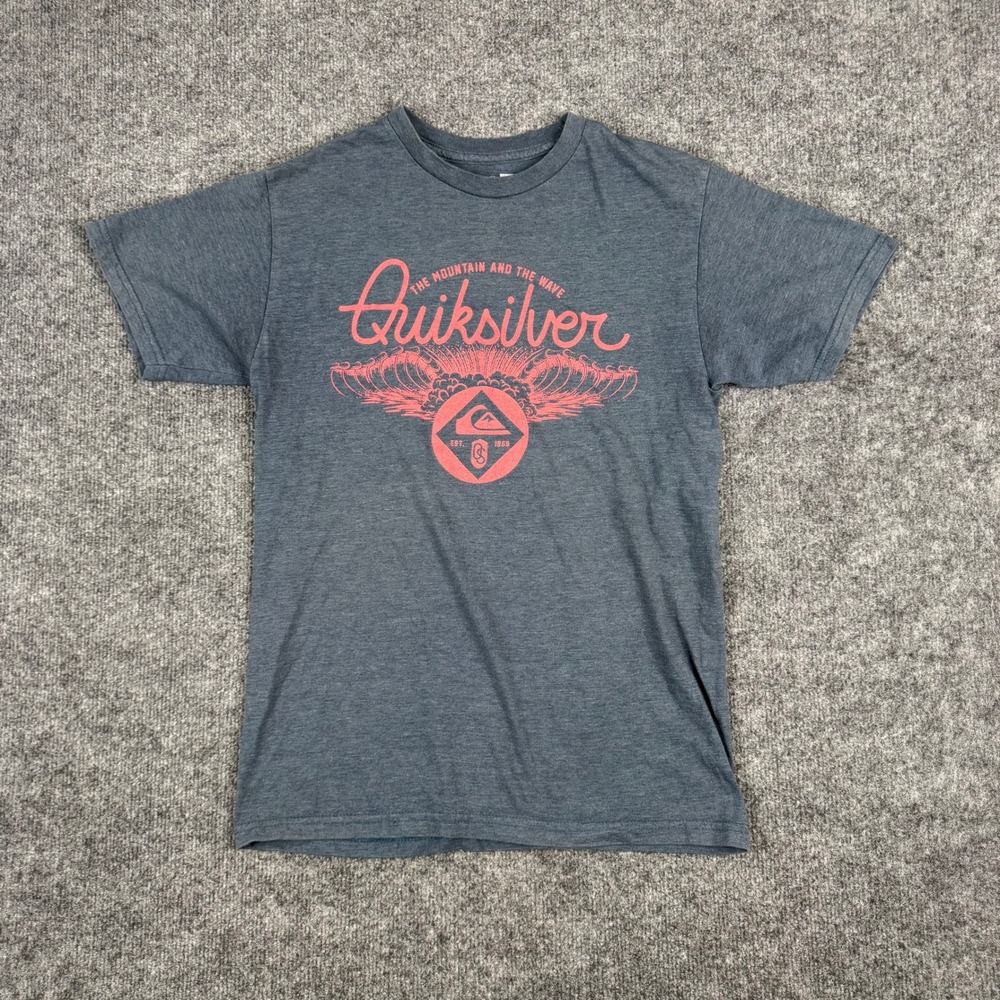 Quiksilver T-Shirt Mens Size S Gray Heather Pink Graphic Logo Surf Casual Tee
